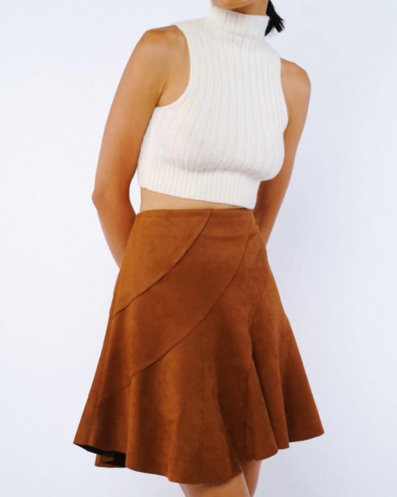 Front of a model wearing a size L Aje Paneled Mini Skirt In Brown in Brown by CIEBON. | dia_product_style_image_id:347693
